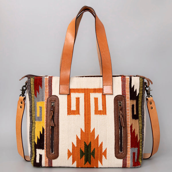 ADBG575 American Darling Hand Woven Saddle Blanket Western Leather Tote Bag with Tassels & Leather Strap