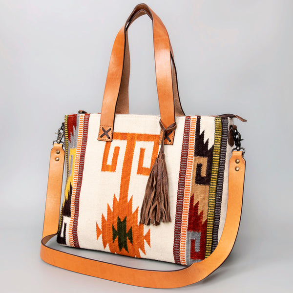 ADBG575 American Darling Hand Woven Saddle Blanket Western Leather Tote Bag with Tassels & Leather Strap