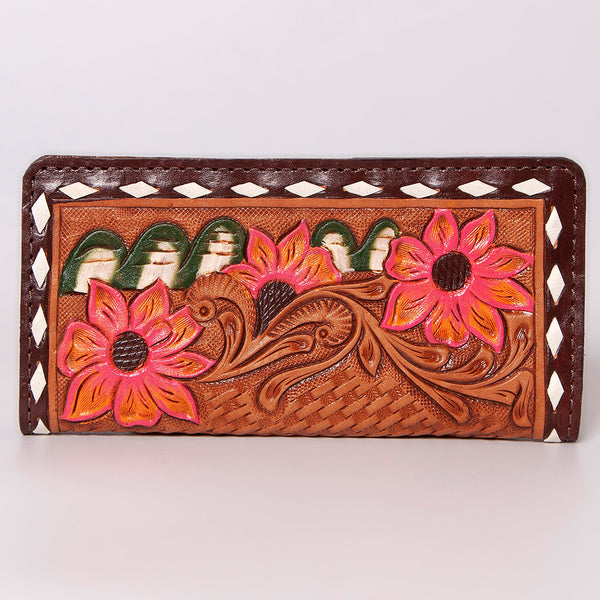 ADBG488 Artisan Genuine Leather Clutch with Tooled Floral Patterns and Braided Trim