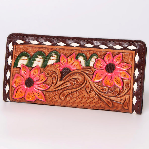 ADBG488 Artisan Genuine Leather Clutch with Tooled Floral Patterns and Braided Trim