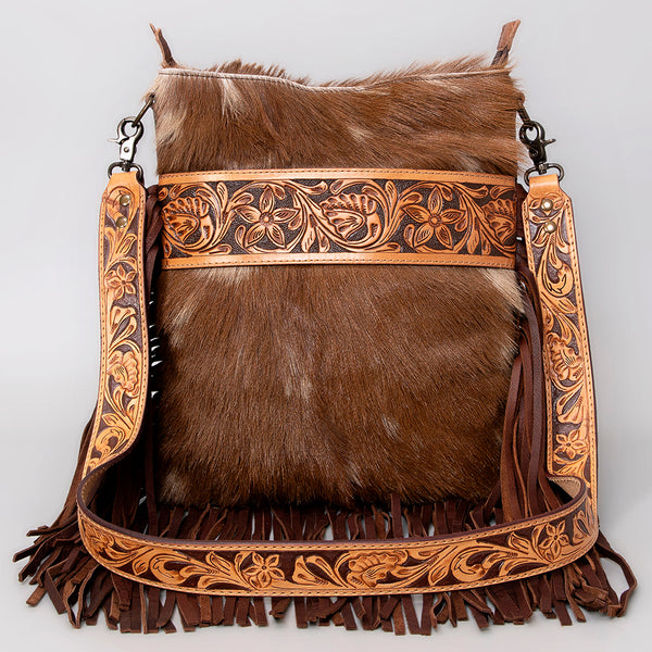 ADBGS192 Cowhide Large Crossbody Bag with Tooled Patch, Fringe & Floral Strap - Western Purse