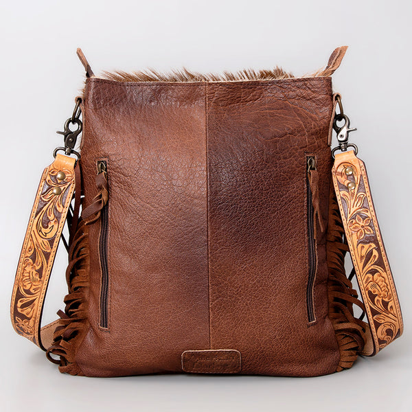 ADBGS192 Cowhide Large Crossbody Bag with Tooled Patch, Fringe & Floral Strap - Western Purse