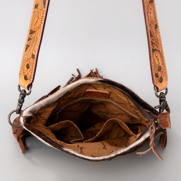 ADBGS192 Cowhide Large Crossbody Bag with Tooled Patch, Fringe & Floral Strap - Western Purse
