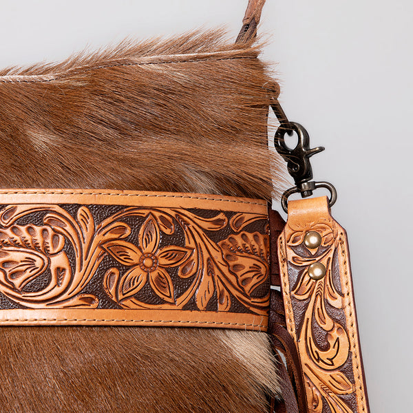 ADBGS192 Cowhide Large Crossbody Bag with Tooled Patch, Fringe & Floral Strap - Western Purse