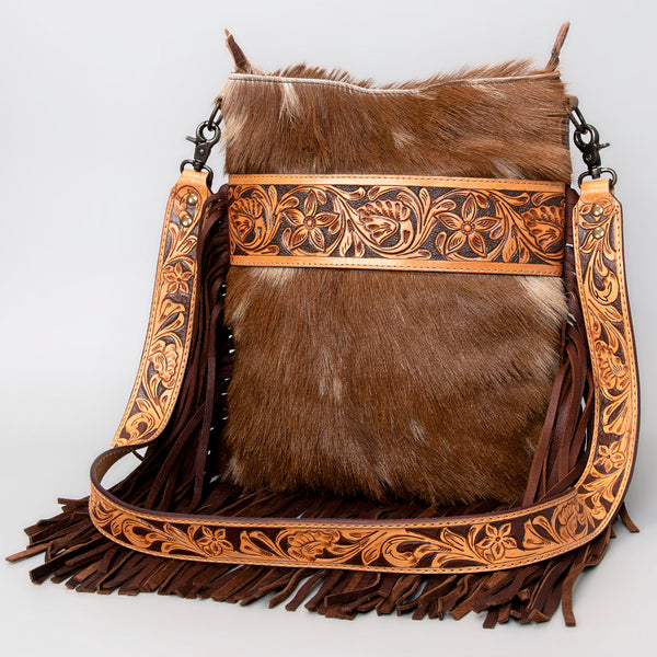 ADBGS192 Cowhide Large Crossbody Bag with Tooled Patch, Fringe & Floral Strap - Western Purse