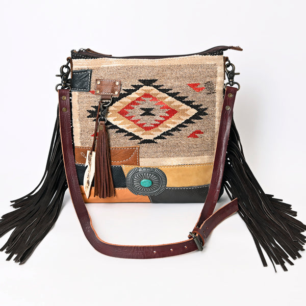 ADBG1054 American Darling Handcrafted Leather Crossbody Bag Saddle blanket Colorful Design & Fringes Western Handbag