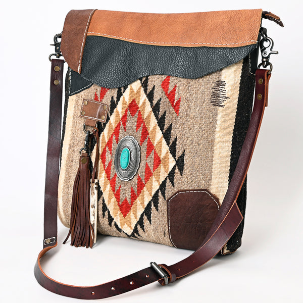 ADBG1055 American Darling Handcrafted Leather Crossbody Bag with Saddle Blanket Colorful Design & Tassels Western Handbag