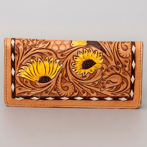 ADBG488 Artisan Genuine Leather Clutch with Tooled Floral Patterns and Braided Trim