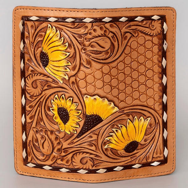 ADBG488 Artisan Genuine Leather Clutch with Tooled Floral Patterns and Braided Trim