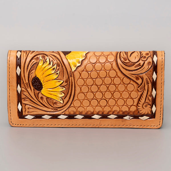 ADBG488 Artisan Genuine Leather Clutch with Tooled Floral Patterns and Braided Trim