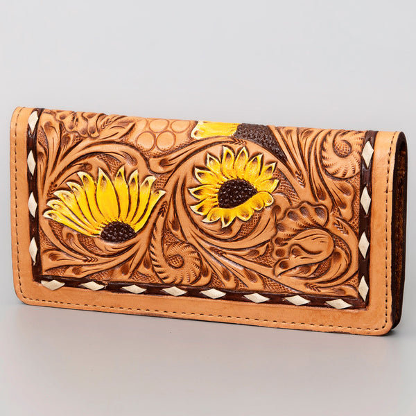ADBG488 Artisan Genuine Leather Clutch with Tooled Floral Patterns and Braided Trim