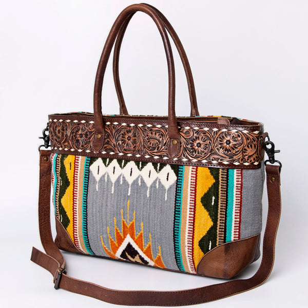 ADBG835 American Darling Western Tote Bag Hand Tooled Floral Carved with Hand Woven Saddle Blanket