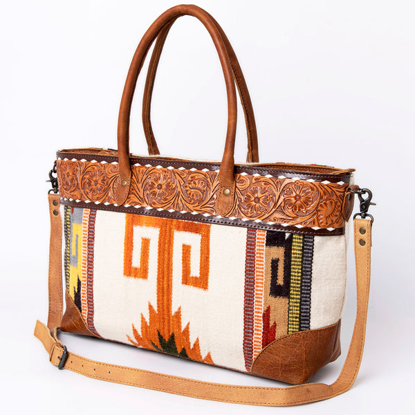 ADBG835 American Darling Western Tote Bag Hand Tooled Floral Carved with Hand Woven Saddle Blanket