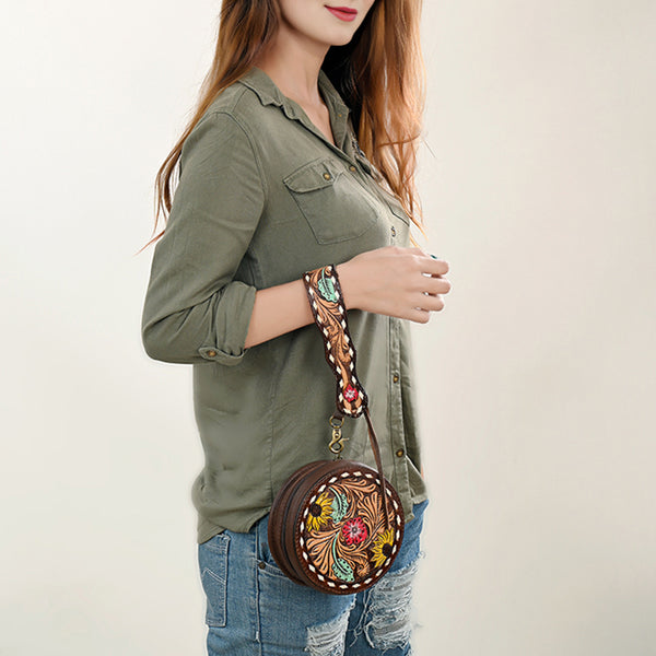 ADBGF135 Round Tooled Leather Canteen Bag - Floral Western Design