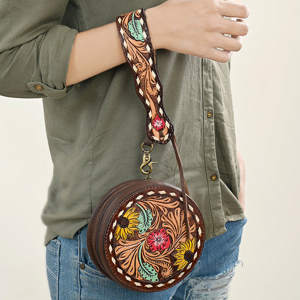ADBGF135 Round Tooled Leather Canteen Bag - Floral Western Design