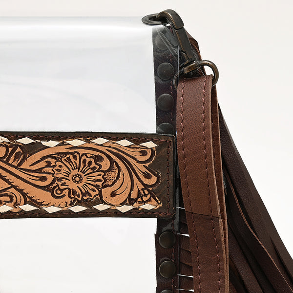 ADBGZ718 Western Clear Fringe Crossbody Bag with Tooled Leather Accent - Stadium Approved