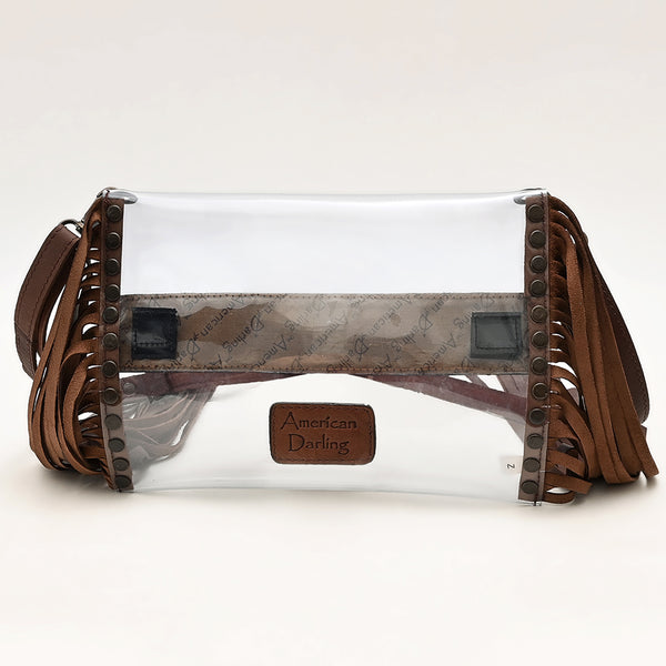 ADBGZ718 Western Clear Fringe Crossbody Bag with Tooled Leather Accent - Stadium Approved