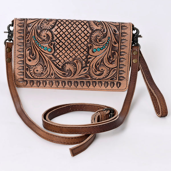 ADBG485 Western Hand Tooled Leather Floral Crossbody Organiser Bag