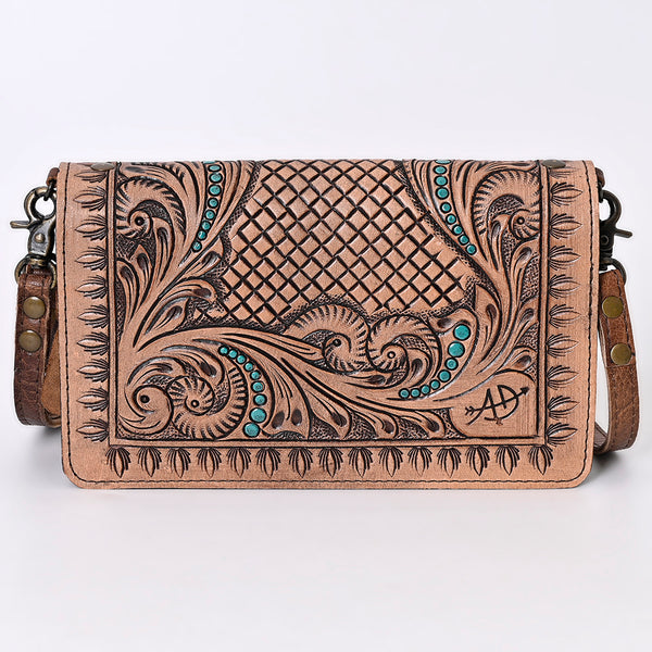 ADBG485 Western Hand Tooled Leather Floral Crossbody Organiser Bag
