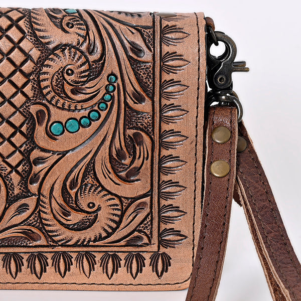 ADBG485 Western Hand Tooled Leather Floral Crossbody Organiser Bag