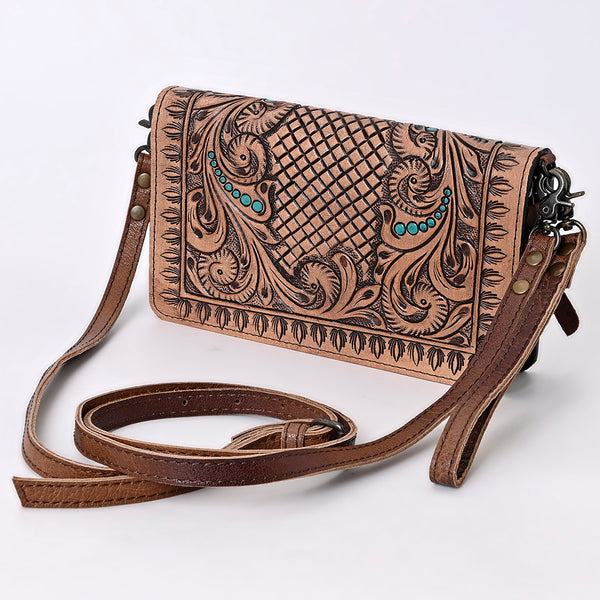 ADBG485 Western Hand Tooled Leather Floral Crossbody Organiser Bag