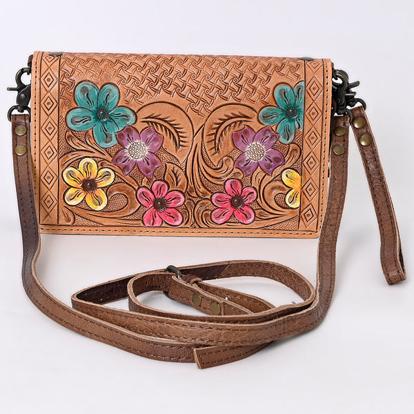 ADBG485 Western Hand Tooled Leather Floral Crossbody Organiser Bag