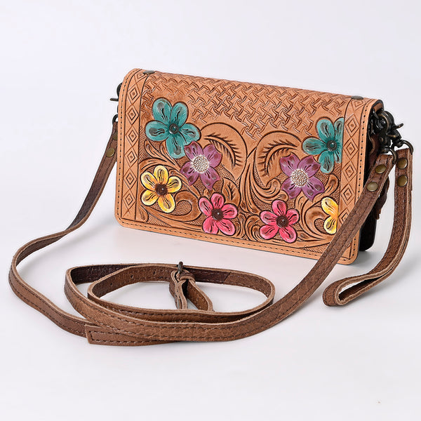 ADBG485 Western Hand Tooled Leather Floral Crossbody Organiser Bag