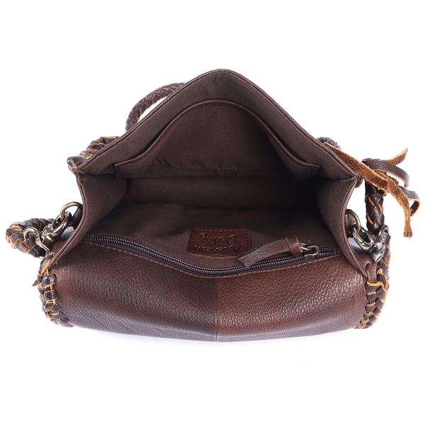 ADBGM261 Handcrafted Leather Crossbody Bag with Turquoise Concho & Braided Trim - Western Shoulder Purse