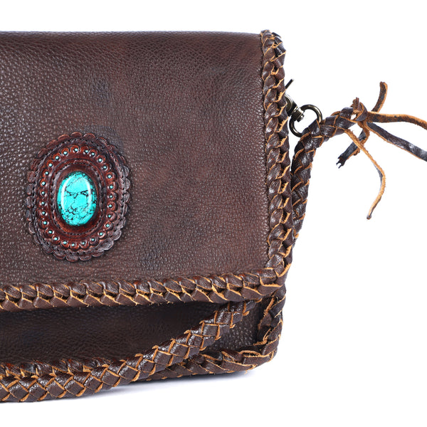 ADBGM261 Handcrafted Leather Crossbody Bag with Turquoise Concho & Braided Trim - Western Shoulder Purse