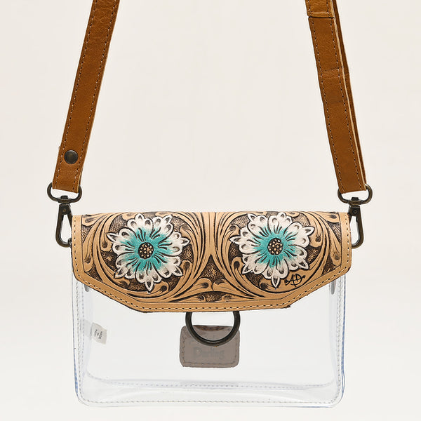 ADBGZ720 Clear Western Crossbody Bag with Turquoise Floral Tooled Leather Flap - Stadium Compliant