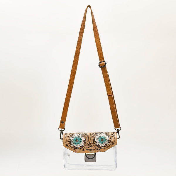 ADBGZ720 Clear Western Crossbody Bag with Turquoise Floral Tooled Leather Flap - Stadium Compliant