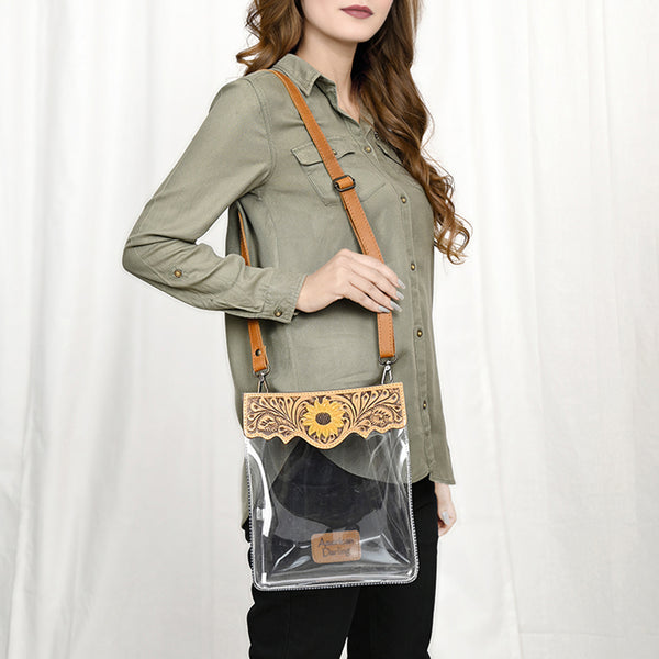 ADBGZ725 Clear Crossbody Bag with Sunflower Tooled Leather Flap - Western Stadium-Approved Purse