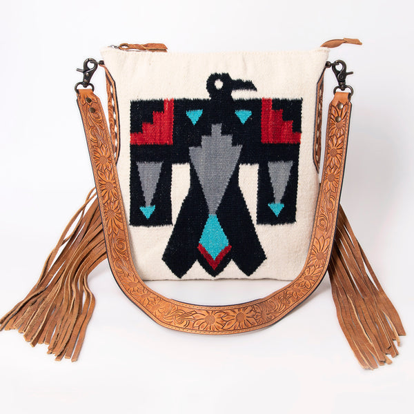 ADBG905 American Darling Southwestern Wool Blanket & Tooled Leather Crossbody Bag with Fringes