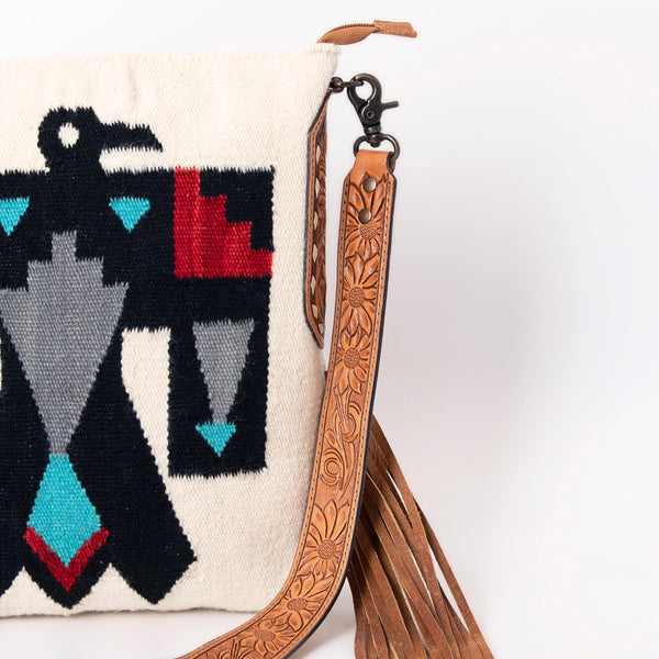 ADBG905 American Darling Southwestern Wool Blanket & Tooled Leather Crossbody Bag with Fringes