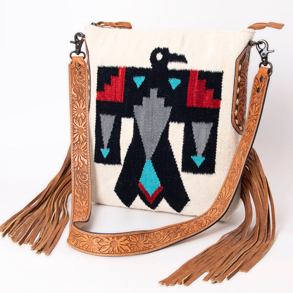 ADBG905 American Darling Southwestern Wool Blanket & Tooled Leather Crossbody Bag with Fringes