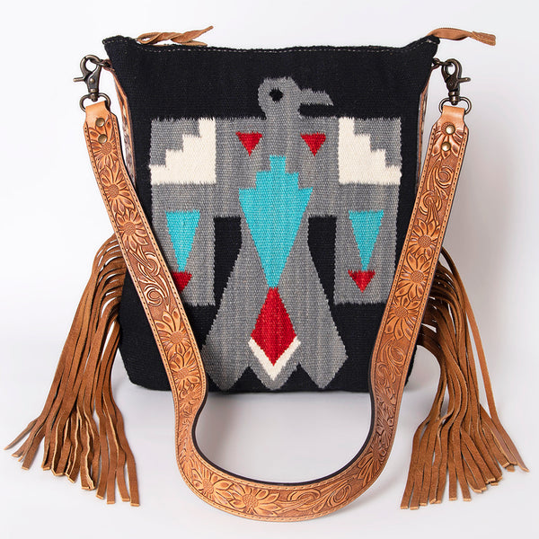 ADBG905 American Darling Southwestern Wool Blanket & Tooled Leather Crossbody Bag with Fringes