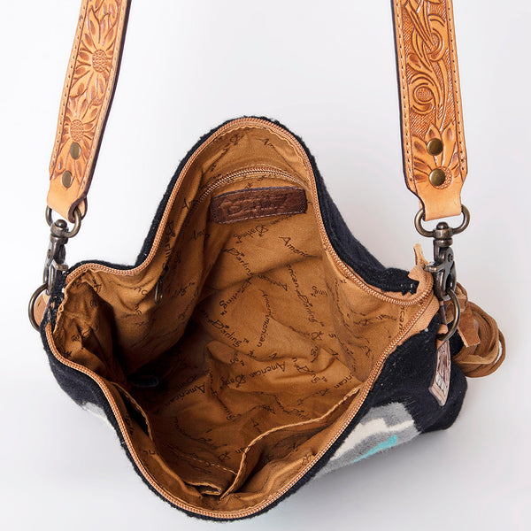 ADBG905 American Darling Southwestern Wool Blanket & Tooled Leather Crossbody Bag with Fringes