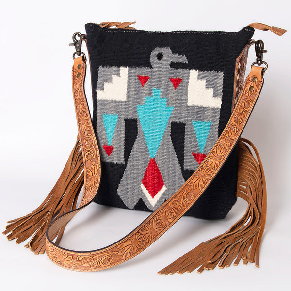ADBG905 American Darling Southwestern Wool Blanket & Tooled Leather Crossbody Bag with Fringes