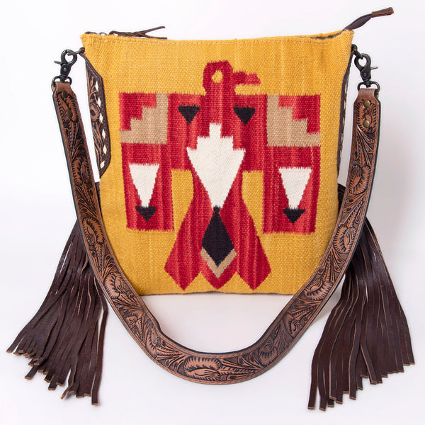 ADBG905 American Darling Southwestern Wool Blanket & Tooled Leather Crossbody Bag with Fringes