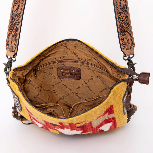 ADBG905 American Darling Southwestern Wool Blanket & Tooled Leather Crossbody Bag with Fringes