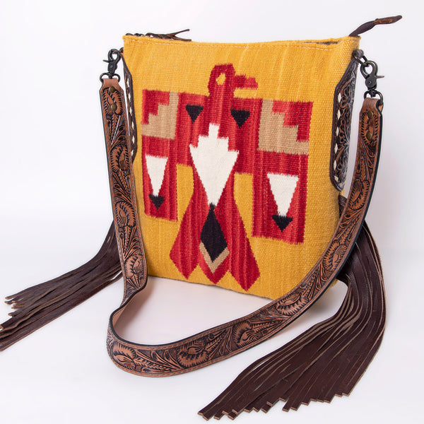 ADBG905 American Darling Southwestern Wool Blanket & Tooled Leather Crossbody Bag with Fringes