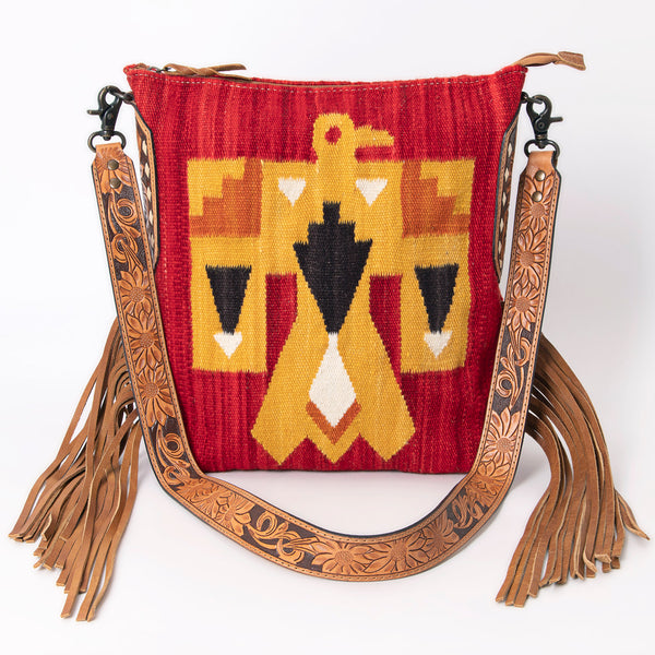 ADBG905 American Darling Southwestern Wool Blanket & Tooled Leather Crossbody Bag with Fringes