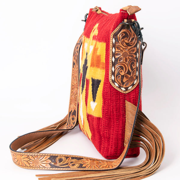 ADBG905 American Darling Southwestern Wool Blanket & Tooled Leather Crossbody Bag with Fringes