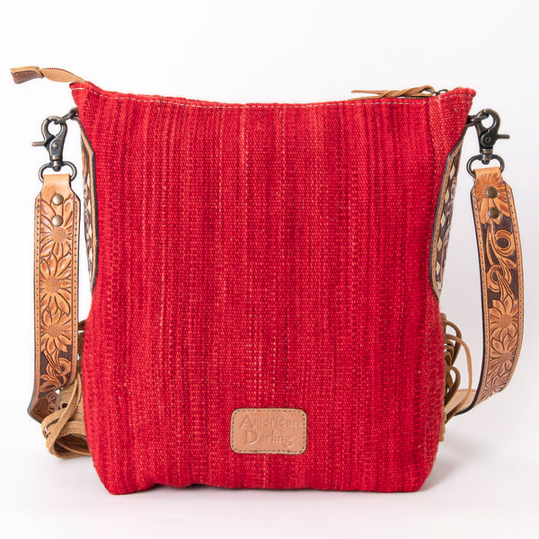 ADBG905 American Darling Southwestern Wool Blanket & Tooled Leather Crossbody Bag with Fringes