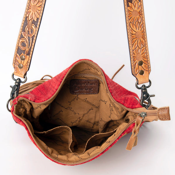 ADBG905 American Darling Southwestern Wool Blanket & Tooled Leather Crossbody Bag with Fringes