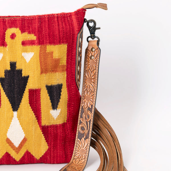 ADBG905 American Darling Southwestern Wool Blanket & Tooled Leather Crossbody Bag with Fringes