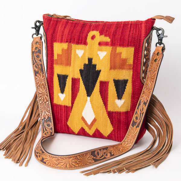 ADBG905 American Darling Southwestern Wool Blanket & Tooled Leather Crossbody Bag with Fringes