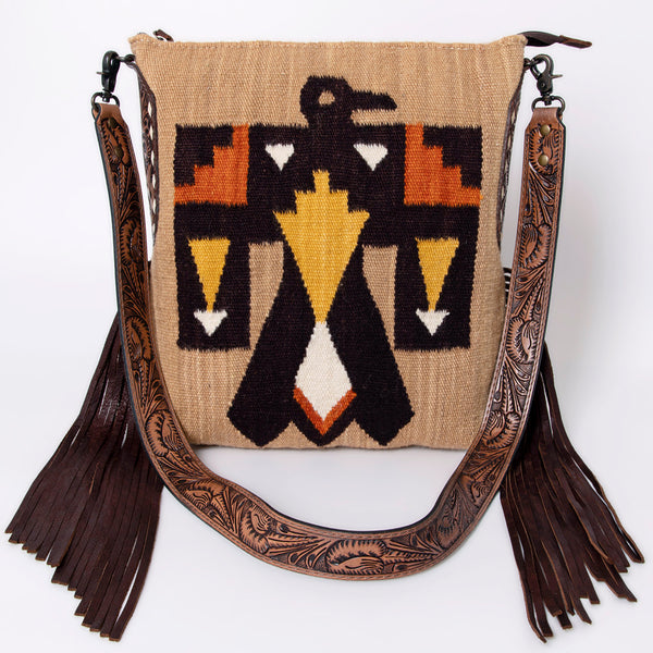 ADBG905 American Darling Southwestern Wool Blanket & Tooled Leather Crossbody Bag with Fringes