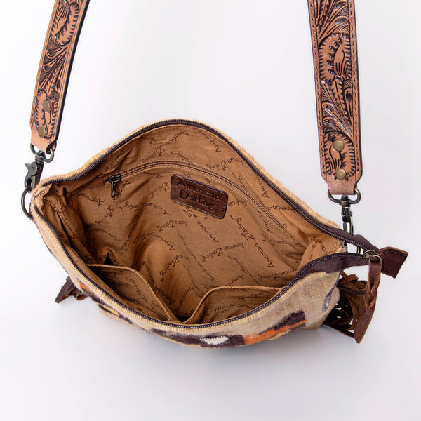 ADBG905 American Darling Southwestern Wool Blanket & Tooled Leather Crossbody Bag with Fringes