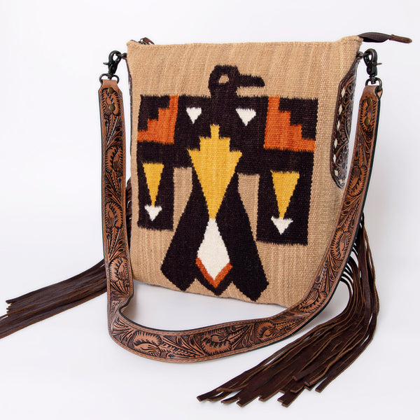 ADBG905 American Darling Southwestern Wool Blanket & Tooled Leather Crossbody Bag with Fringes